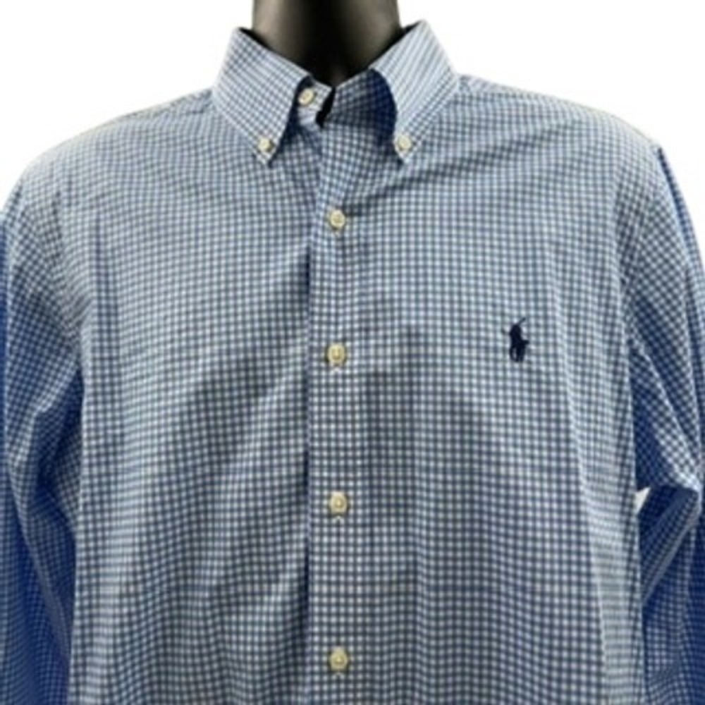 Ralph Lauren Mens Blue Gingham Check Button Down Shirt Large Stretch Cotton L - Picture 10 of 12